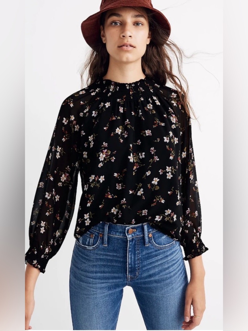 Madewell Backyard Blooms Smocked Mock Neck Blouse Black Floral 2X